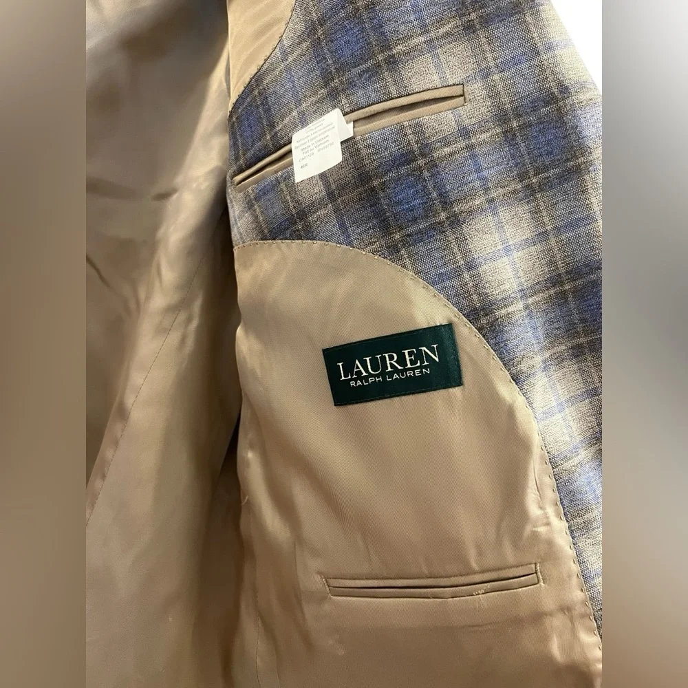 1. Lauren Ralph Lauren Classic-Fit UltraFlex Tan & Blue Plaid Sport Coat